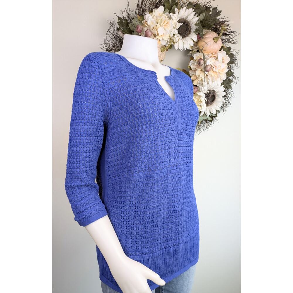 Talbots Tunic Sweater Large Blue Open Weave 3/4 Sleeve Split V-Neck Relaxed - Picture 2 of 9